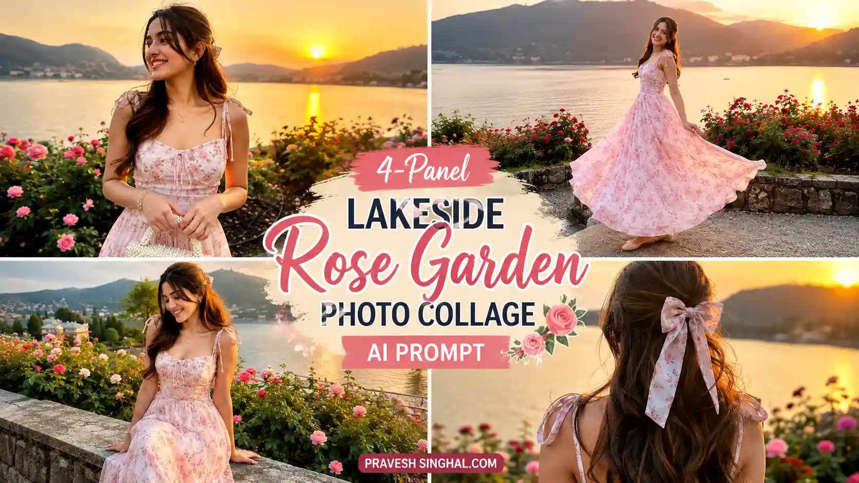 Lakeside Rose Garden Photo Collage AI Prompt